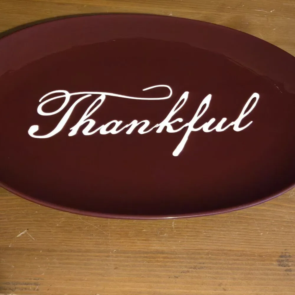 Crofton Lg Stoneware Burgundy Red Thanksgiving Thankful Serving Platter, 16 X 10